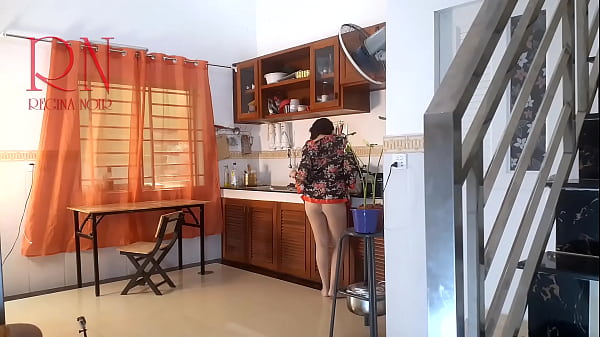 Image Housewife in pantyhose in the kitchen. Naked maid gets an orgasm while cooking. c3