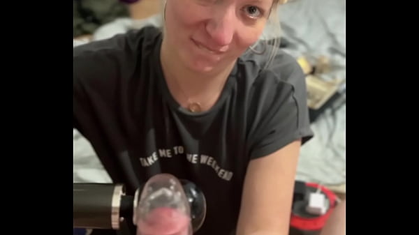 Image POV Blonde milf gives teasing blowjob inside a transparent cock sleeve