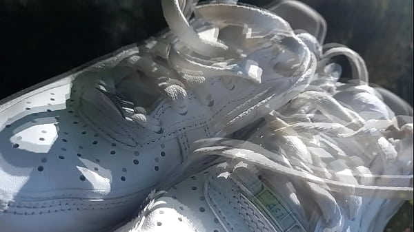 Image Twink jerks off his cock, squirts cum in dirty smelly shoes, into white sneakers, Nike Air Force One AF1, it's a porn video for gay feet foot fetish lovers