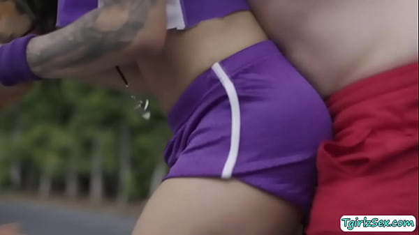 Image Trans Eva interracial threesome bareback anal on the basketball court