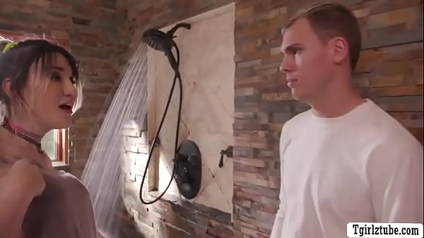 Image Lovely shemales seduce the pipe fixer to fuck their asses