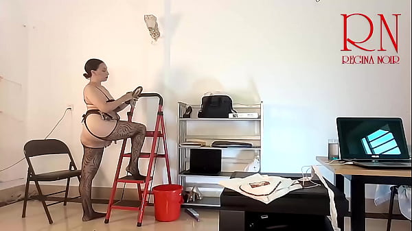 Image The cleaner maid without panties in the office does tidying up. Wash wall lamp. s3