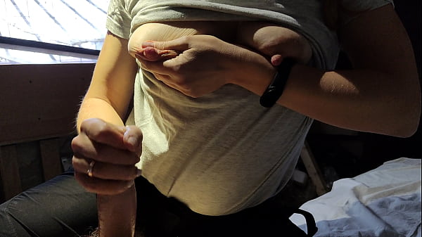 Image Sexy milf with milky tits made petting and masturbating my cock until cumshot. Risky at my friend's garage