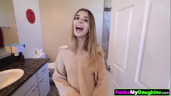 Image Naughty stepdaughter lets her stepdad fuck her with firm strokes in her tight wet pussy to let her have her 2023 Halloween party at home.