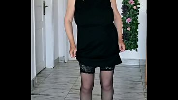 Image Hot milf MariaOld teasing by huge bouncing boobs in black stockings with garter and high heels shoes
