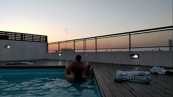 Image cumming a lot in the pool at sunset - accounter adventure