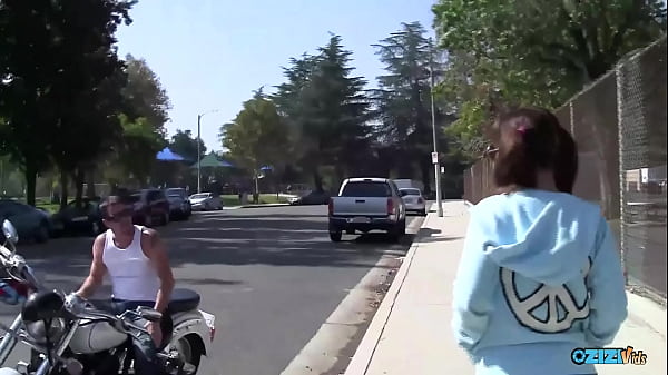 Image Biker dude talked a skinny brunette teen into playing with his dick