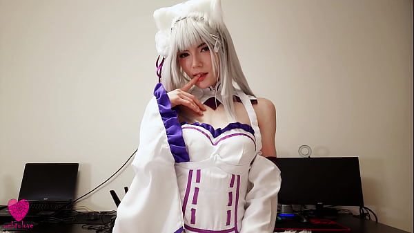 Image Innocent Emilia from Re:Zero with cat ears enjoys sucking cock and fucking to get cum in her pussy