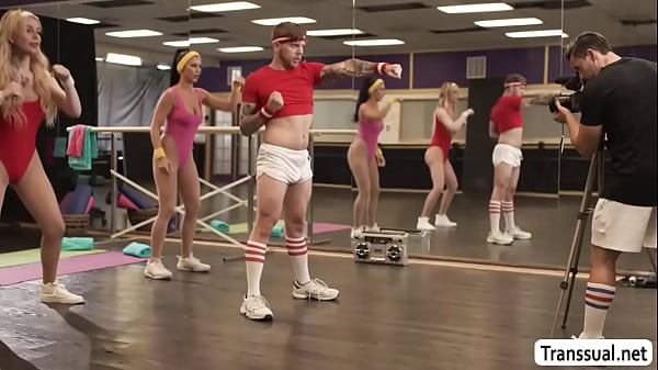 Image Busty shemale fucks her busty gym buddy and rides coach cock