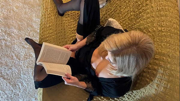 Image Hot Blonde New Petite Wife gives an Incredibly Sexy and Teasing Handjob in a Nightie with Black Stockings at Home to Take as much as Precum possible from Big Cock by Playing Balls