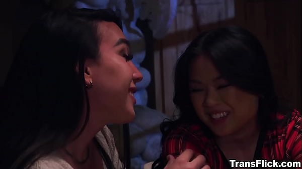 Image Lulu Chu and her trans girlfriend Kasey Kei under the fireplace having an intimate fuck sesh
