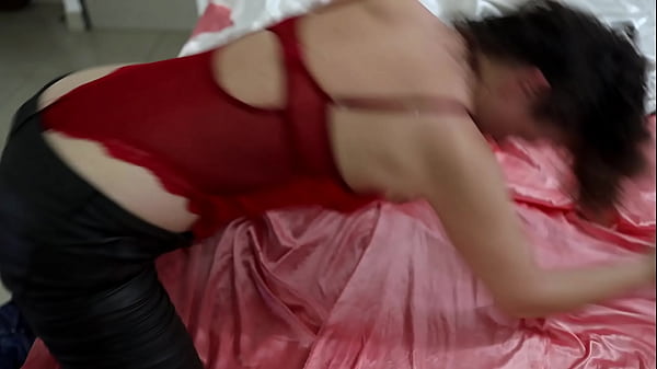 Image 1876 (Full HD) - French Amateur, Green Leather Pants, Red Satin BodySuit, Heels, Doggy style, POV, Ass Licking, Blowjob, Spanking