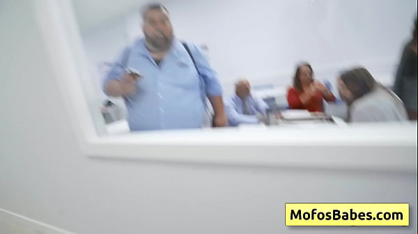 Image Sexy big tit secretary brunette Sasha Pearl suck Parker Ambrose's fat and huge dick in the bathroom office