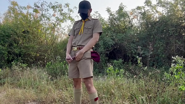 Image Naughty Boy Scout cum in public.
