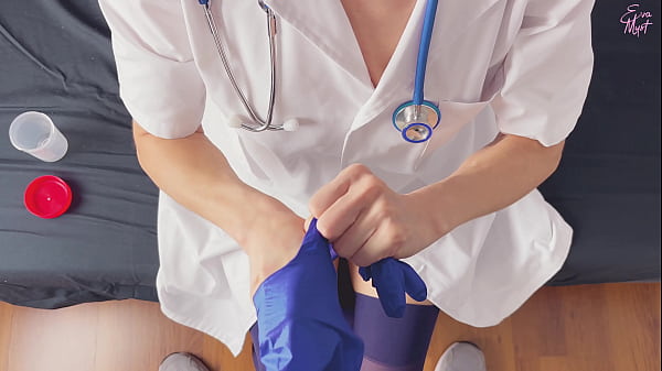 Image POV CFNM handjob only: nurse with surgical gloves is helping a hard to cum patient to get a sperm sample for analysis
