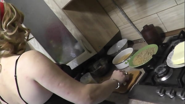 Image Milf. Beautiful sexy blonde MILF Frina in transparent peignoir without panties in kitchen continues naked cooking and prepares sweet dessert for New Year. Then masturbates wet pussy with fingers and gets strong orgasm. Pussy masturbation. Hairy pussy Tits