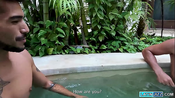 Image Angel Rodriguez Eman Black and Dan Lopez have fun as a three piece by the pool
