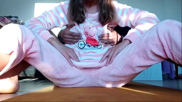 Image teasing petite hot sexy horny stepsister with small tits in pajama and taboo touch pussy