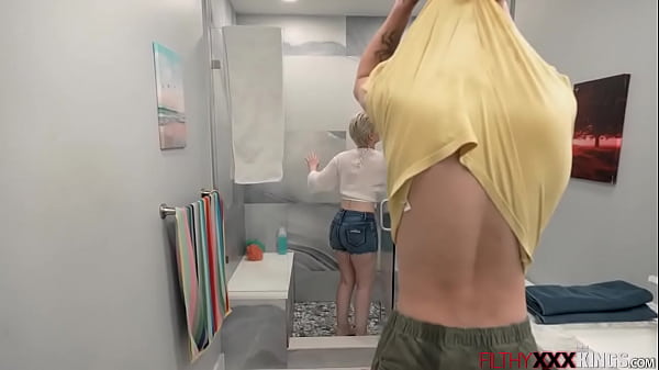 Image Stepmom giving stepson shower blowjob