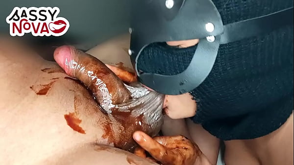 Image Horny Teen Girlfriend Sucking and Licking Black Balls and Cock with Chocolate Syrup at Christmas Celebrations