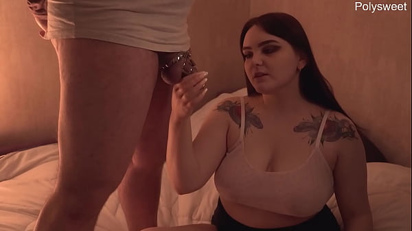Image Unpacking and trying out a new sex toy on a guy in a chastity belt