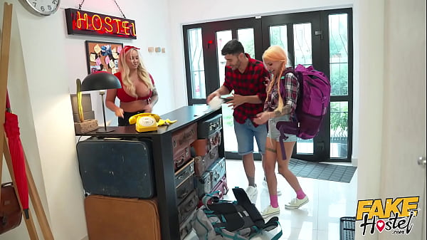Image Fake Hostel - Quicky with sexy girlfriend turns into a threesome when busty MILF staff gets horny