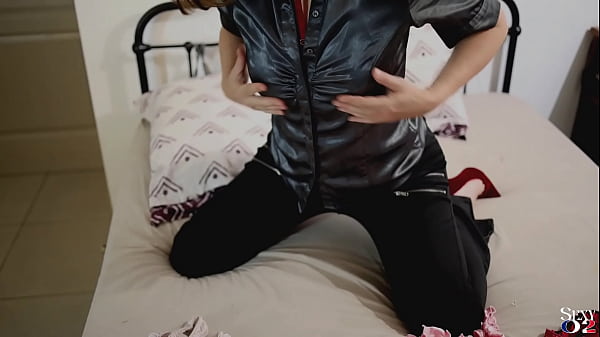 Image 2141 - French Amateur, Green Leather Pants, Red Satin BodySuit, Heels, Doggy style, POV, Ass Licking, Blowjob, Spanking