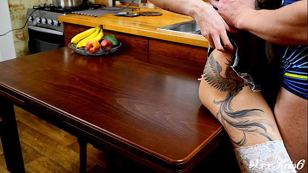 Image Fucked a busty maid on the kitchen table, big boobs, tattoo girl, juicy pussy, guy eats own cum, came on her pussy and cleaned up the cum