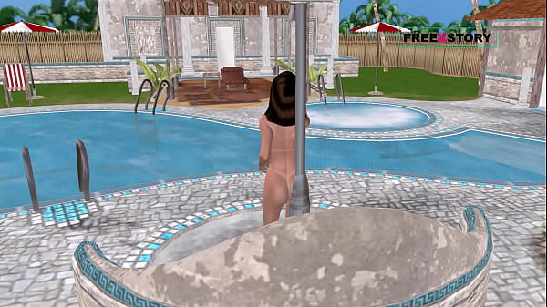 Image An animated cartoon 3D porn - A cute girl giving sexy poses and taking shower near swimming pool.