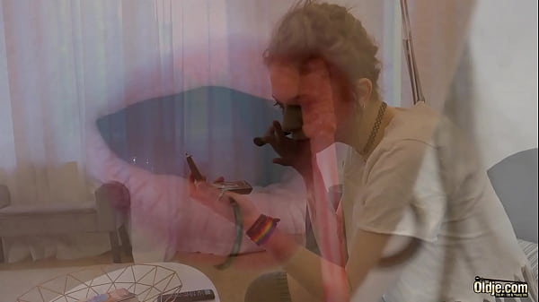 Image Rebel young blonde with juicy natural tits rides grandpa cock and she swallows his cum