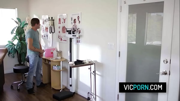 Image Hot blonde doctor Emma Hix fucks with her patient after she caught him fapping
