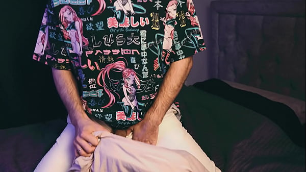 Image a young guy in an anime t-shirt masturbates loudly and smears his pillow with sperm. 4K VIDEO