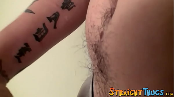Image Inked straight thug jacks off his small hairy dick and cums