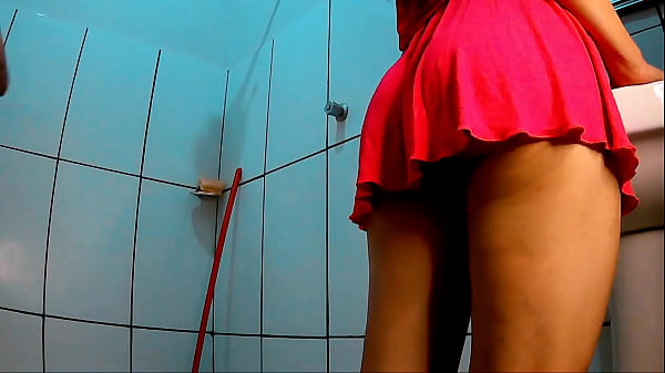 Image wearing a short skirt, she innocently enters the bathroom knowing she was going to be fucked