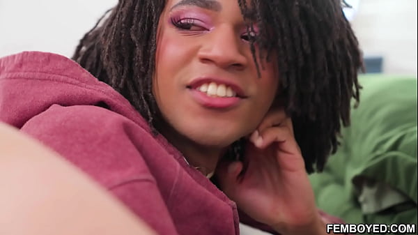 Image Holy Cow! A black femboy, Shea Parker is dressed in white feminine panties, and socks! She's hot AF and her boyfriend Enzo Muller sticks his cock in her ass!