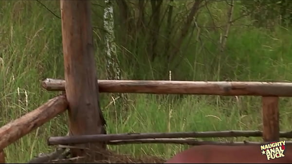 Image Hay proves to be the perfect cushion as the brunette gets her asshole stretched outdoors