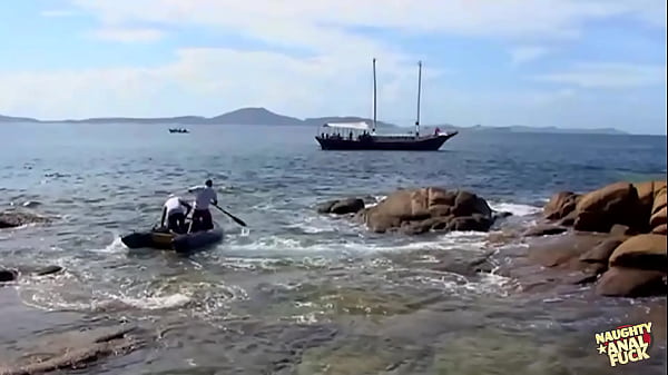 Image Three guys destroy a skinny blondes holes on the beach of an island