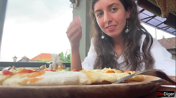 Image Walking with cum on face in cafe - Girl eats pizza and swallows cum - Cumwalk