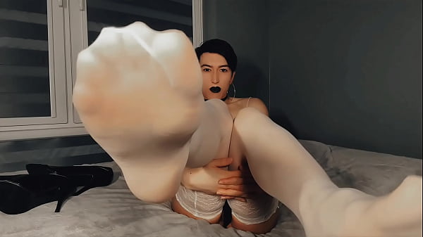 Image Sissy crossdresser nylon foot & heels fetish with huge cum in pants