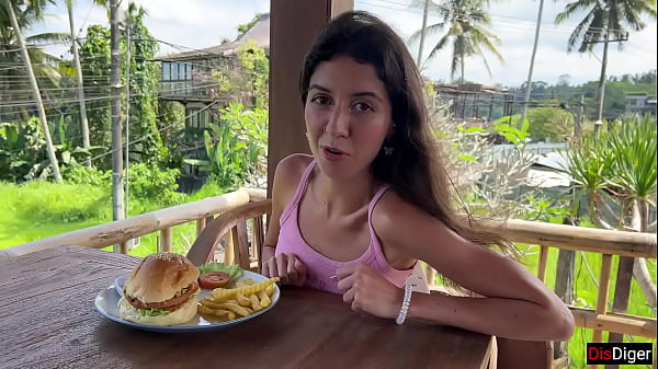 Image Cute Girl Eating Burger with Cum on Her Face in Public Cafe - Cumwalk