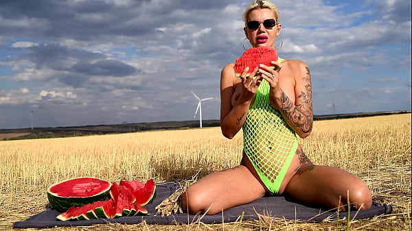 Image Delicious blowjob, oral sex outdoors on a hot day with a hot blonde, juicy watermelon, big boobs, public sex, big lips, tattoo girl, juicy pussy, blowjob, deepthroat, cum in mouth, cum kissing