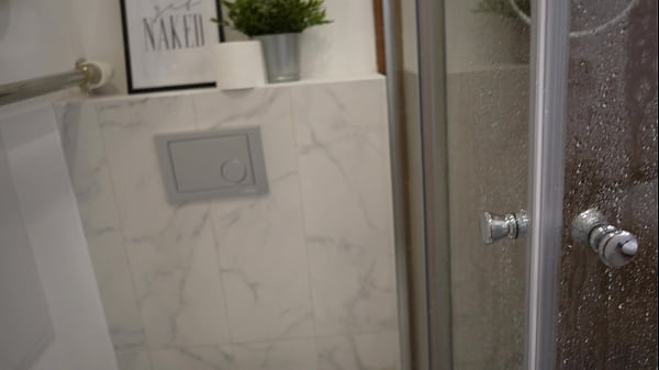 Image Sneaking in the bathroom while our babysitter was taking a shower to get a blowjob