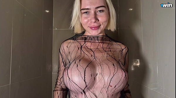 Image Blonde with huge tits seduces in the shower. Transparent top coat dry and wet test. Sexy babe Try On haul see through clothes