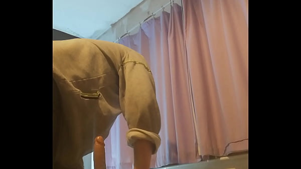 Image Dildo fucking back view, white heels and black stockings