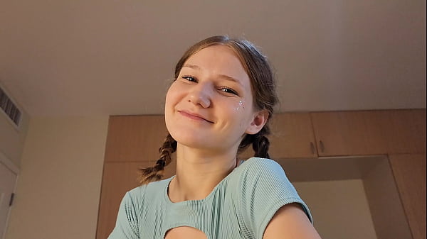 Image Cute petite babe jerks off with her feet and sucking and licking hard huge dick, POV hot blowjob at home.