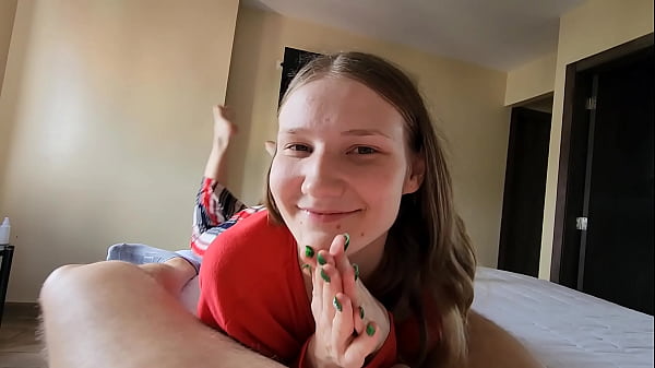 Image Sexy blonde sucks a big cock in front of a mirror in a hotel, her cute face is covered in hot cum.