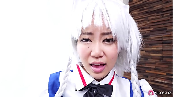 Image Sexy Asian slutty girl Anna Saotome fucks with sex toy on the bed in costume.