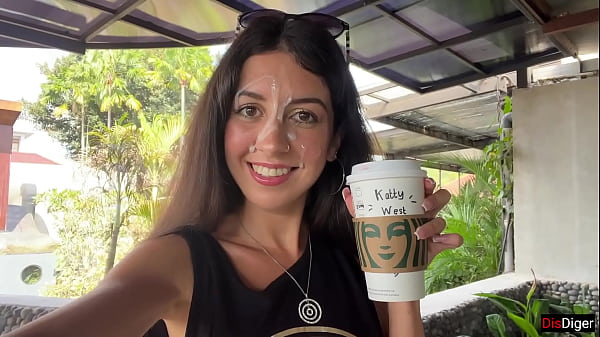 Image Blowjob in a Public Toilet Starbucks and Cumwalk - She drinks coffee with cum on face among people