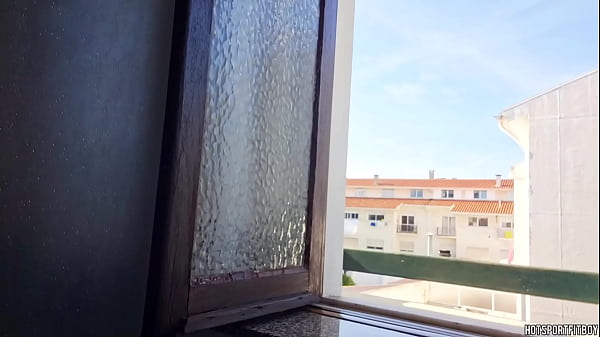 Image Hot Guy jerking off his big cock at the window in a public bathroom - Risky cum