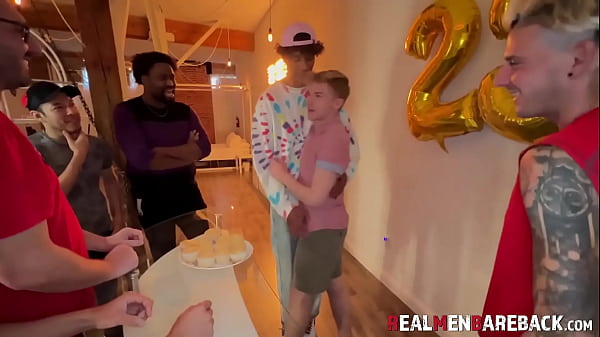 Image Slutty bottom Zacc Andrews has his cute face facialized in a bukkake birthday orgy